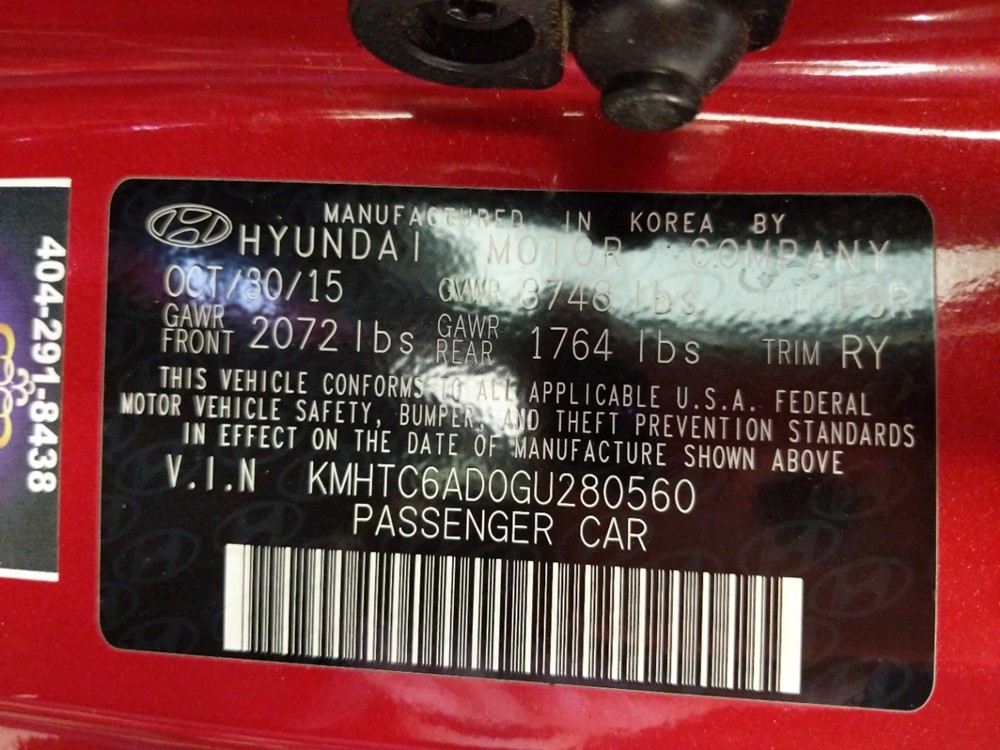 2016 Hyundai Veloster - VIN Plate