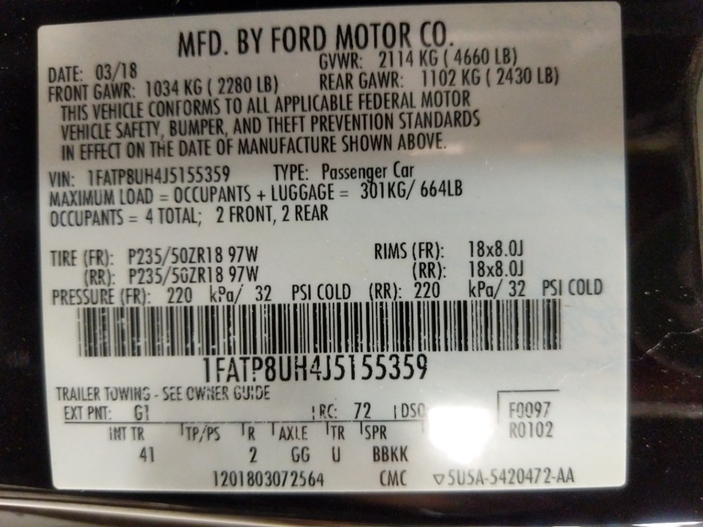 2018 Ford Mustang - VIN Plate