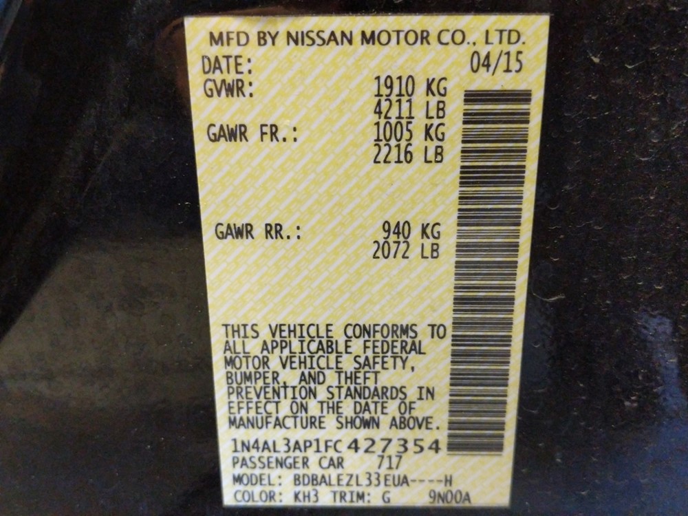 2015 Nissan Altima - VIN Plate