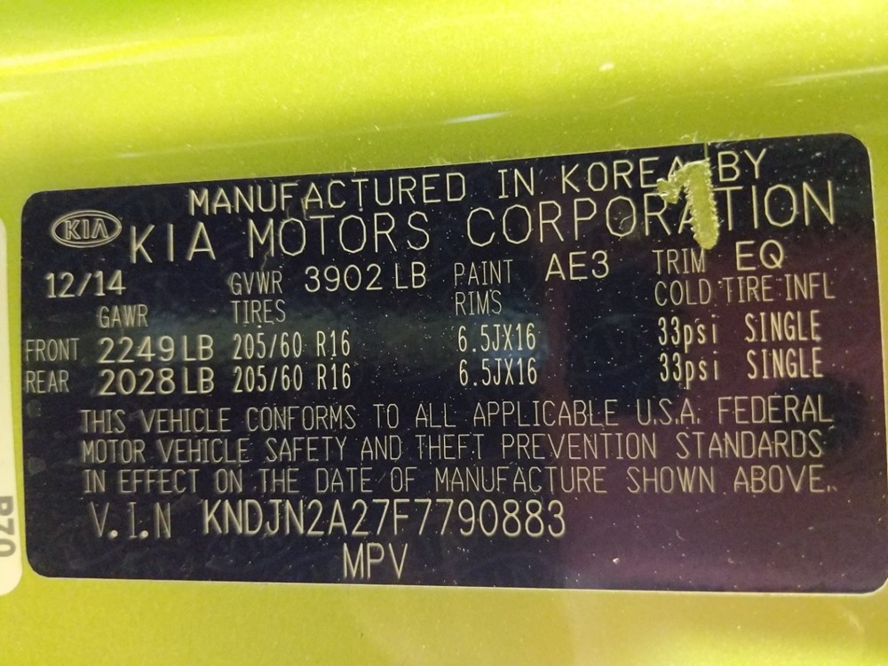 2015 Kia Soul - VIN Plate