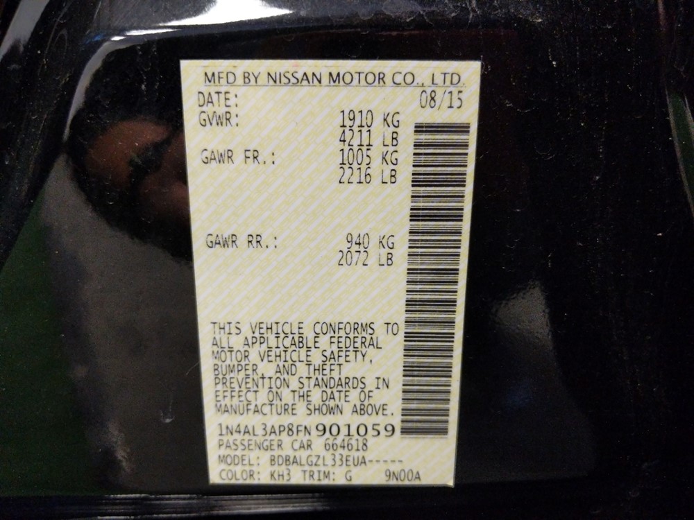 2015 Nissan Altima - VIN Plate