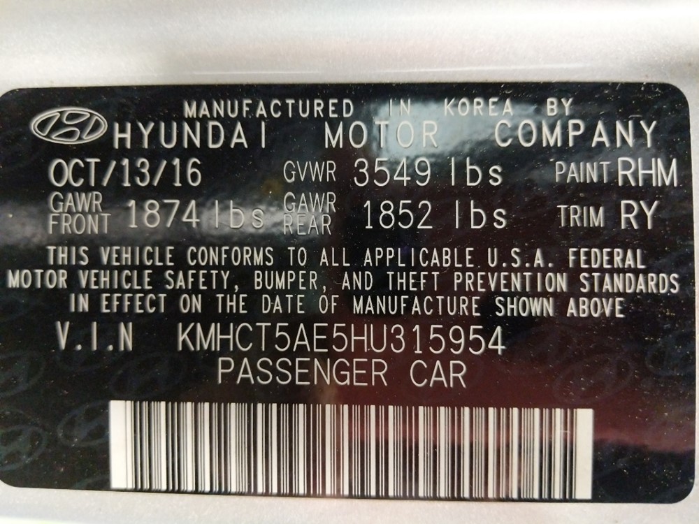 2017 Hyundai Accent - VIN Plate