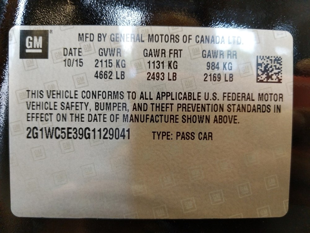 2016 Chevrolet Impala - VIN Plate