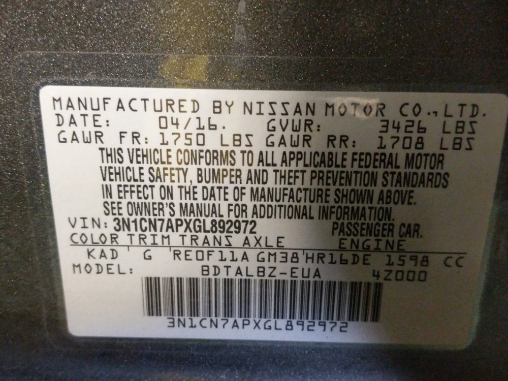 2016 Nissan Versa - VIN Plate