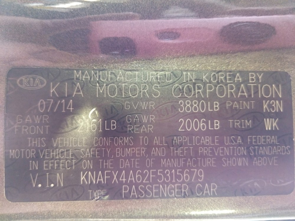 2015 Kia Forte - VIN Plate