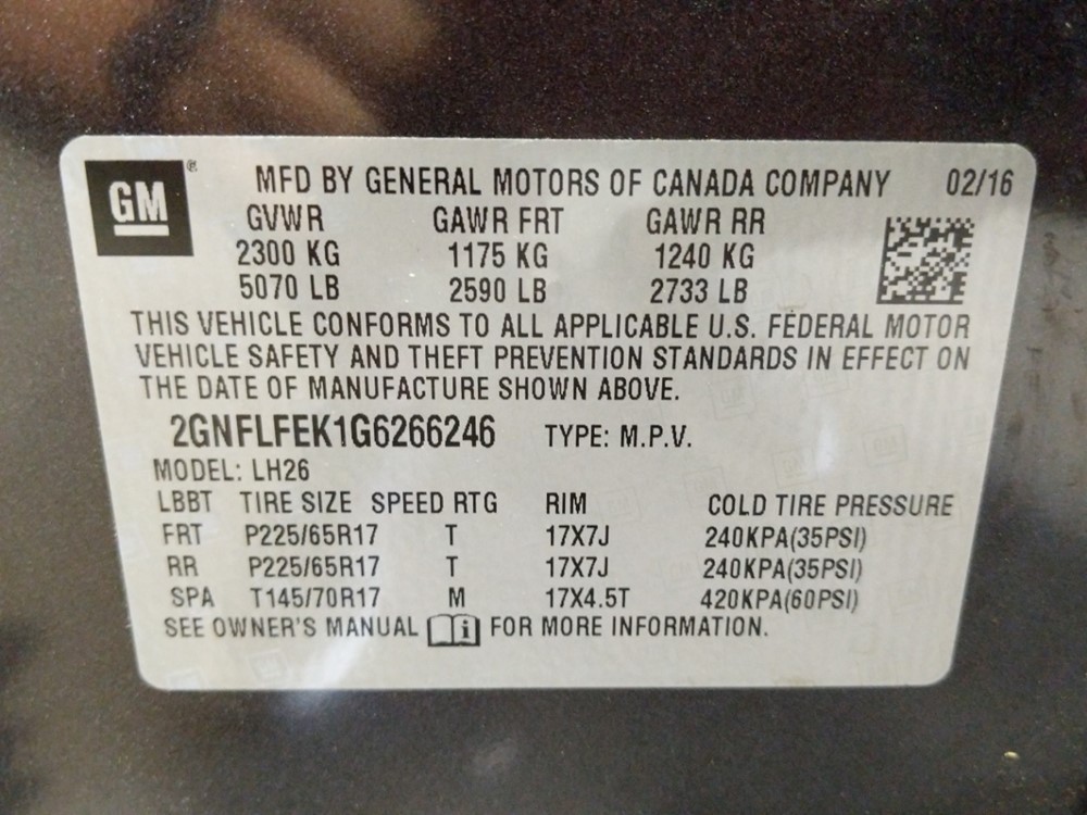 2016 Chevrolet Equinox - VIN Plate
