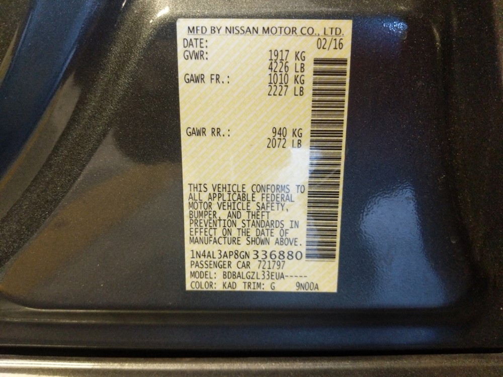 2016 Nissan Altima - VIN Plate