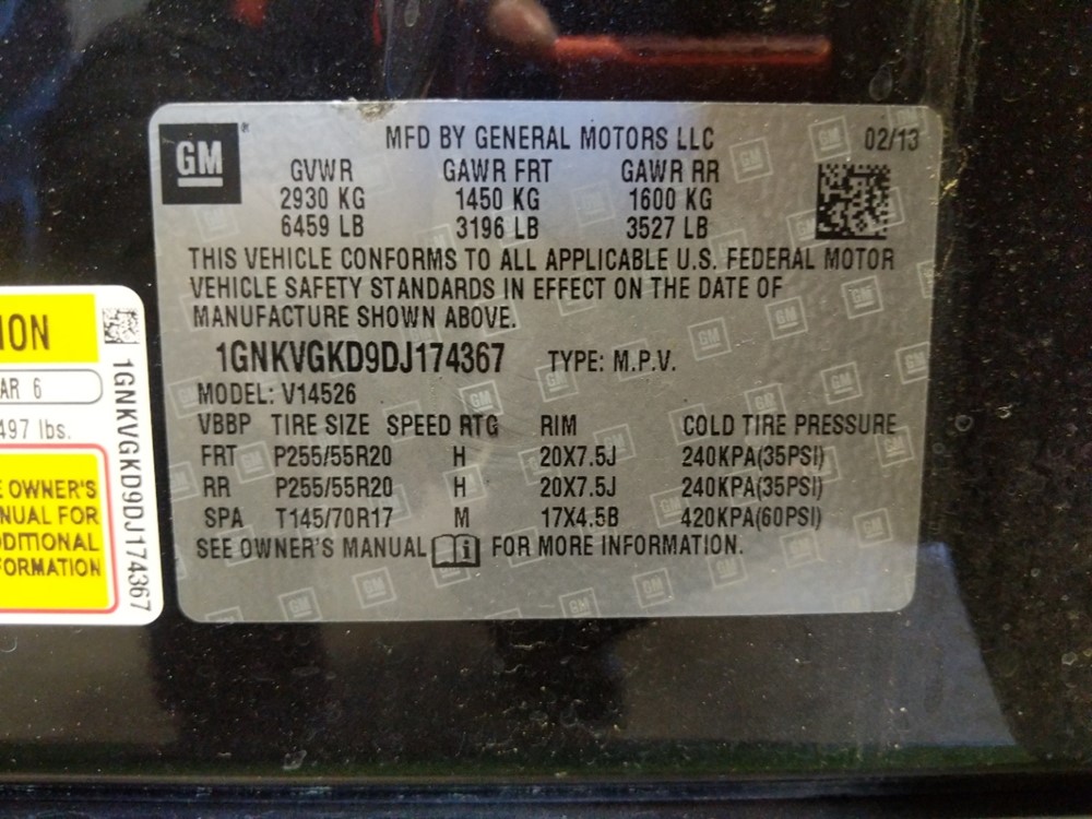2013 Chevrolet Traverse - VIN Plate