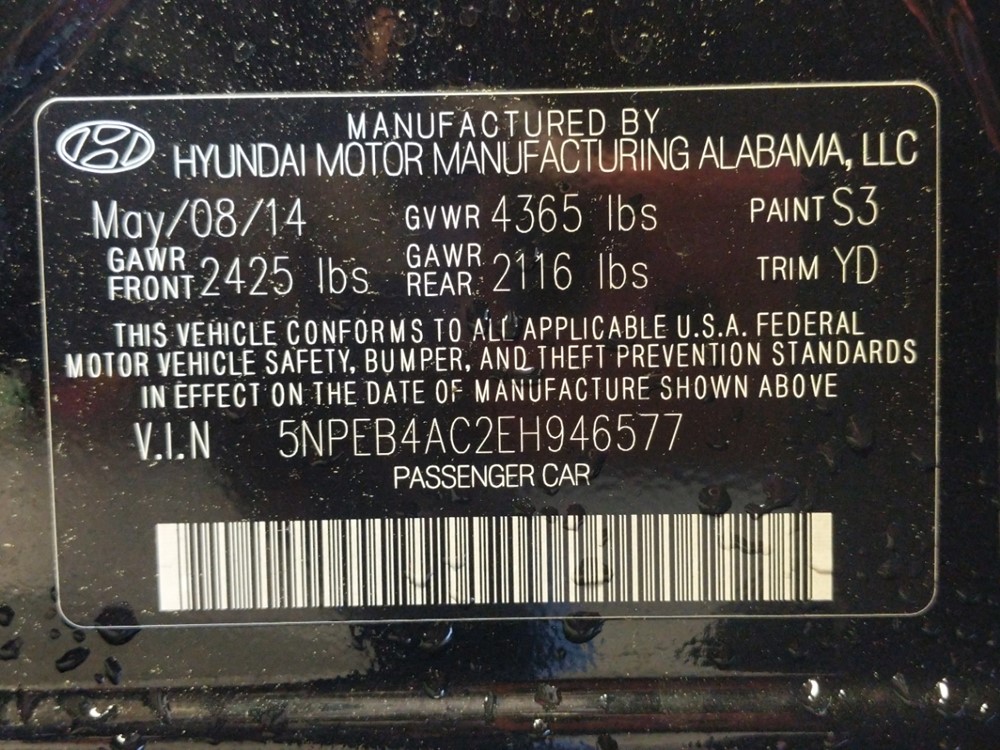 2014 Hyundai Sonata - VIN Plate