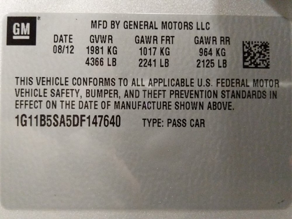 2013 Chevrolet Malibu - VIN Plate