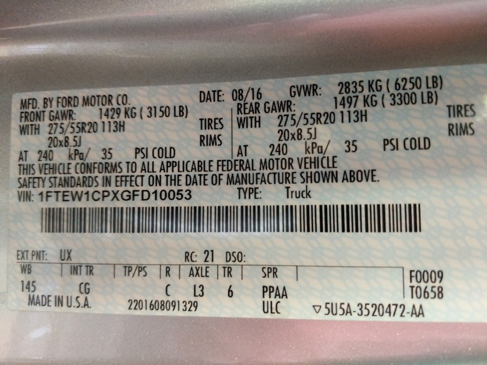 2016 Ford F-150 - VIN Plate