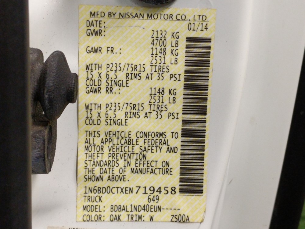 2014 Nissan Frontier - VIN Plate