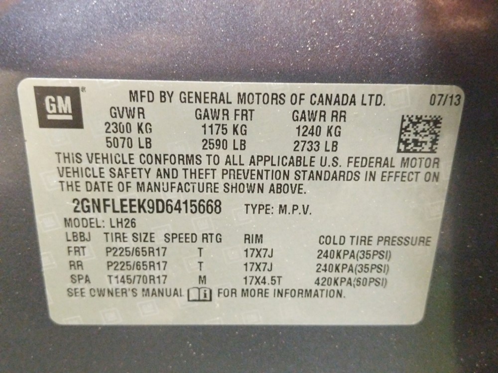 2013 Chevrolet Equinox - VIN Plate