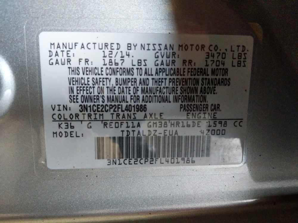2015 Nissan Versa - VIN Plate