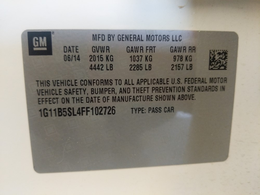 2015 Chevrolet Malibu - VIN Plate