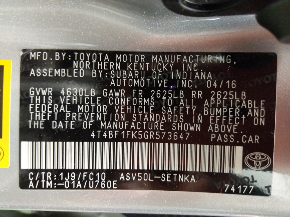 2016 Toyota Camry - VIN Plate