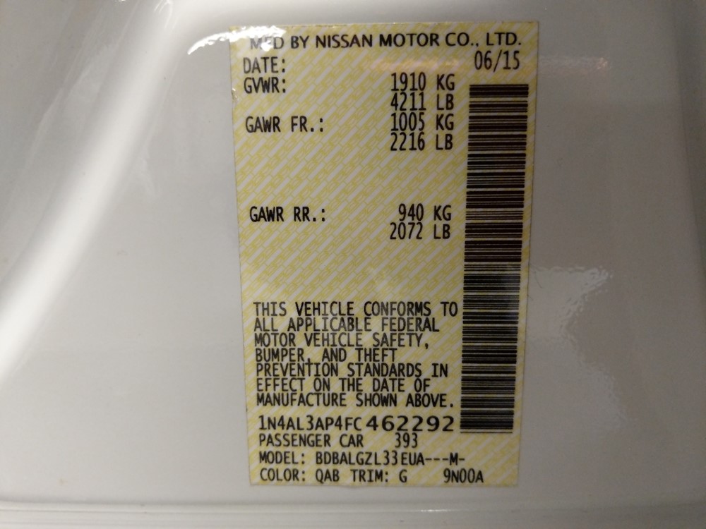 2015 Nissan Altima - VIN Plate