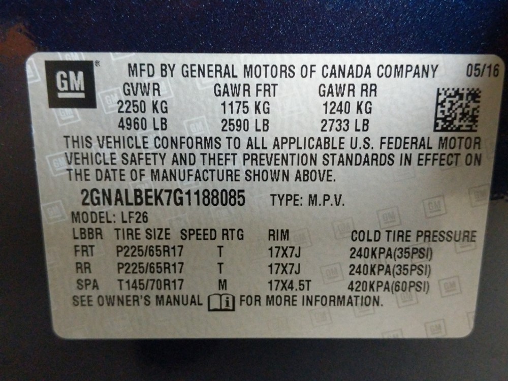 2016 Chevrolet Equinox - VIN Plate
