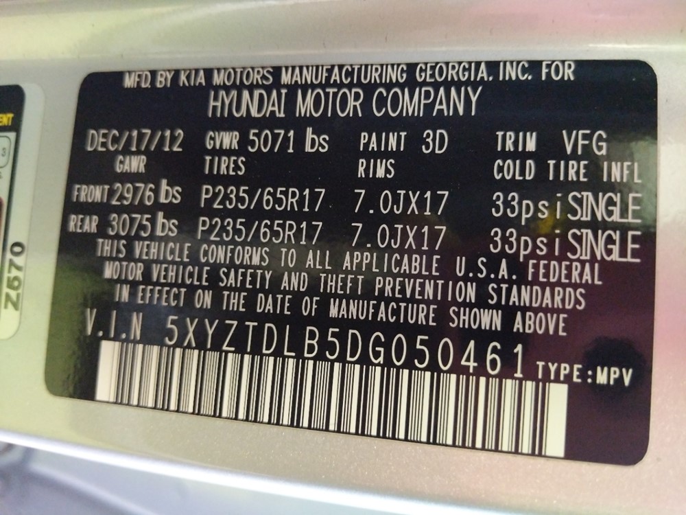 2013 Hyundai Santa Fe - VIN Plate