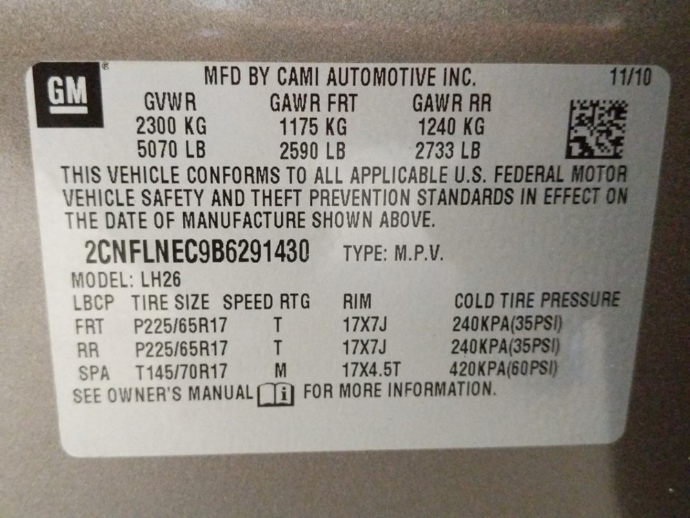 2011 Chevrolet Equinox - VIN Plate