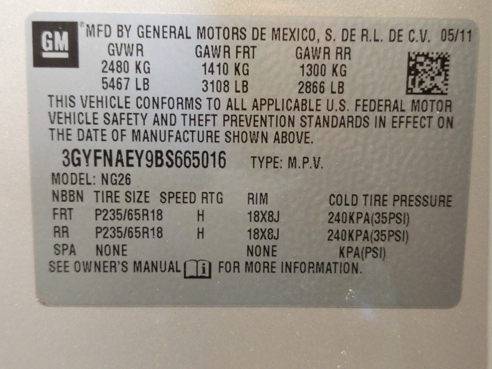 2011 Cadillac SRX - VIN Plate