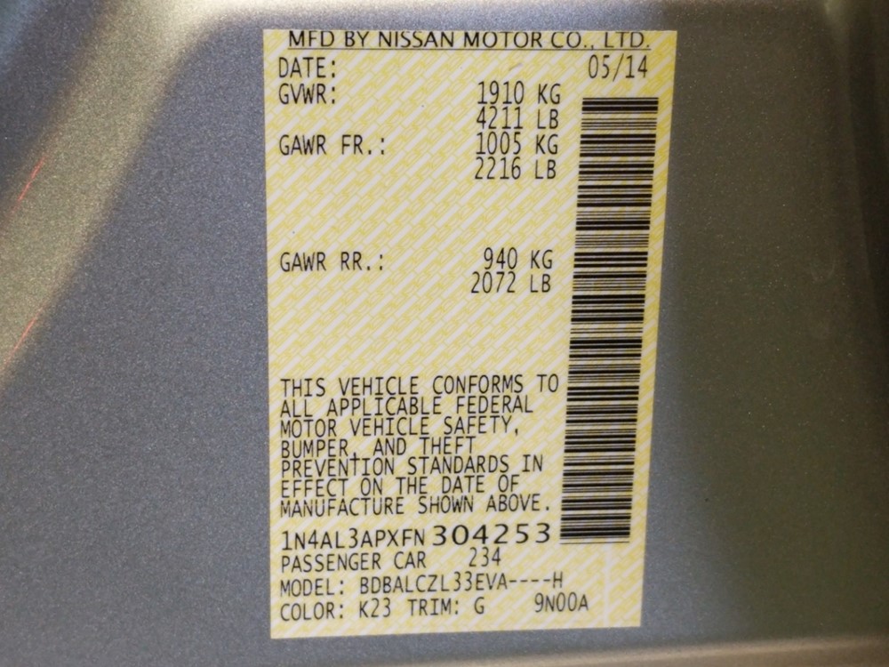 2015 Nissan Altima - VIN Plate