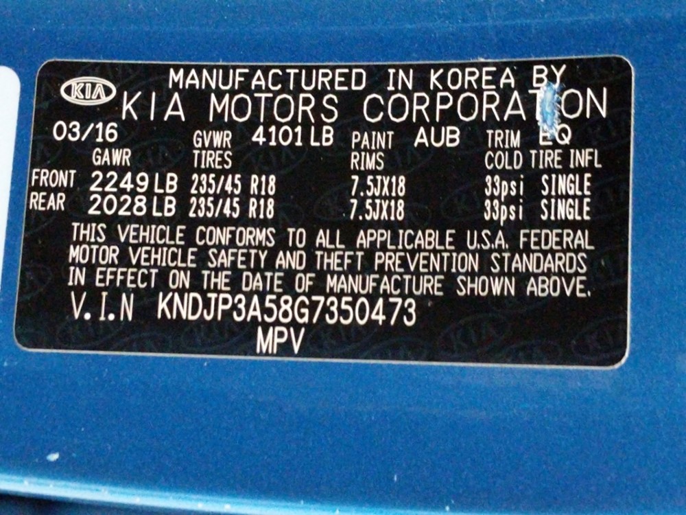 2016 Kia Soul - VIN Plate