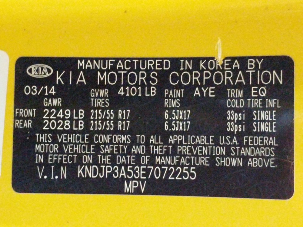 2014 Kia Soul - VIN Plate