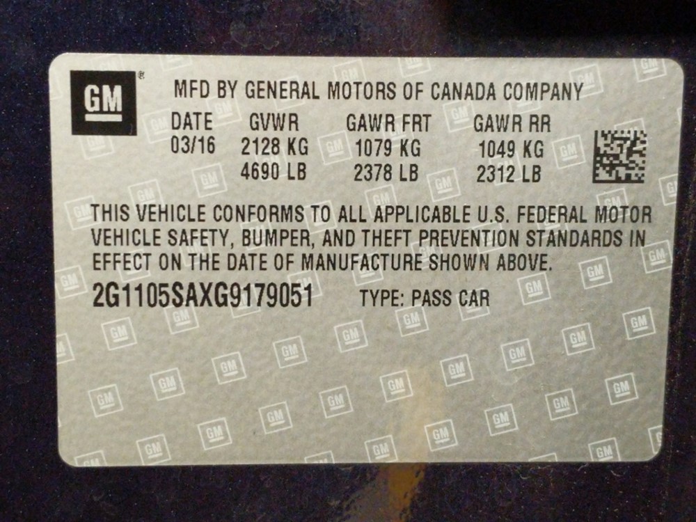 2016 Chevrolet Impala - VIN Plate