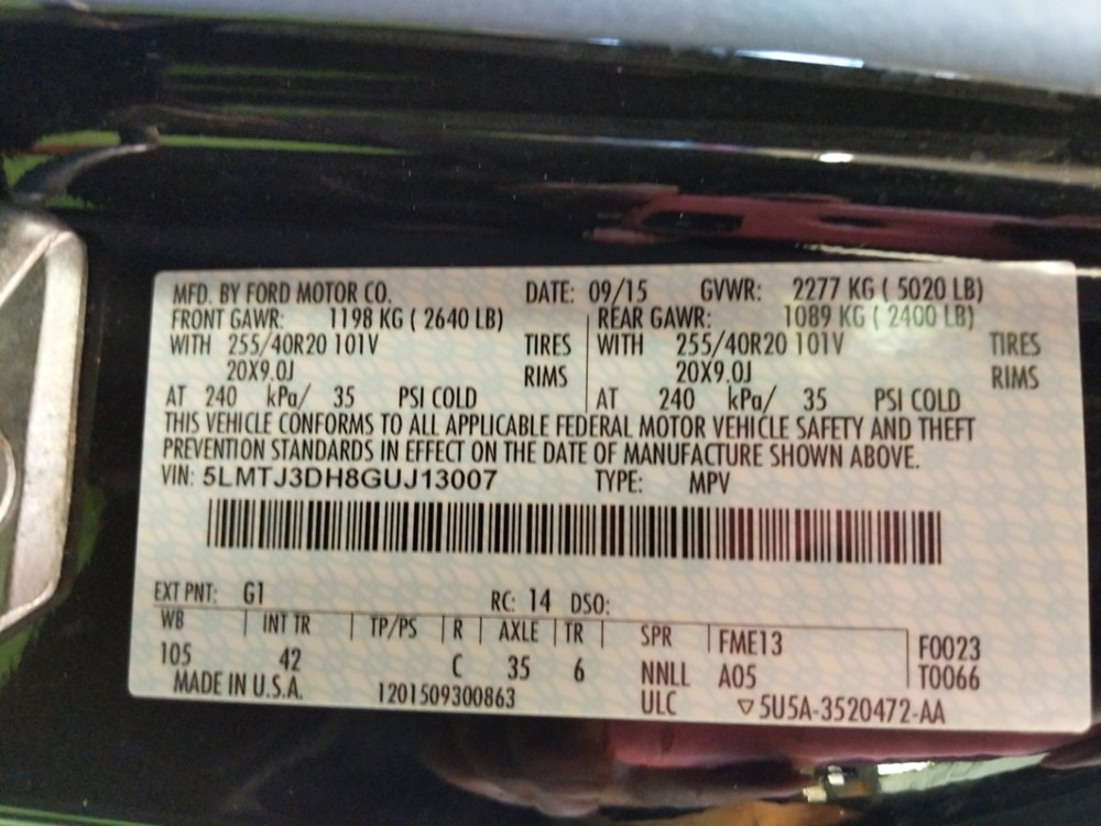 2016 Lincoln MKC - VIN Plate
