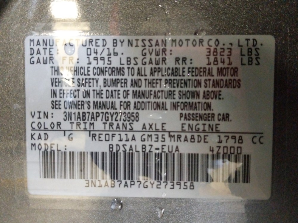 2016 Nissan Sentra - VIN Plate