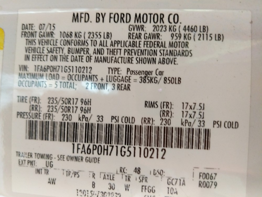 2016 Ford Fusion - VIN Plate
