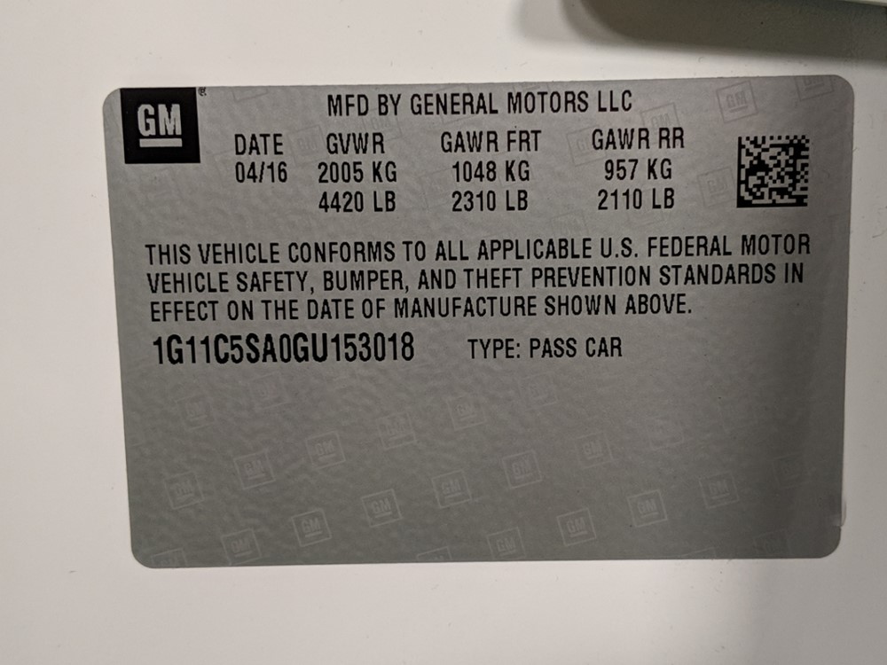 2016 Chevrolet Malibu - VIN Plate