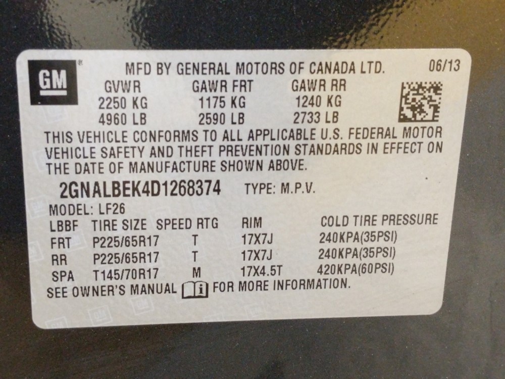 2013 Chevrolet Equinox - VIN Plate