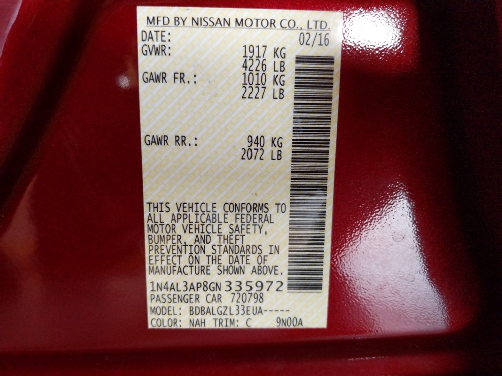 2016 Nissan Altima - VIN Plate