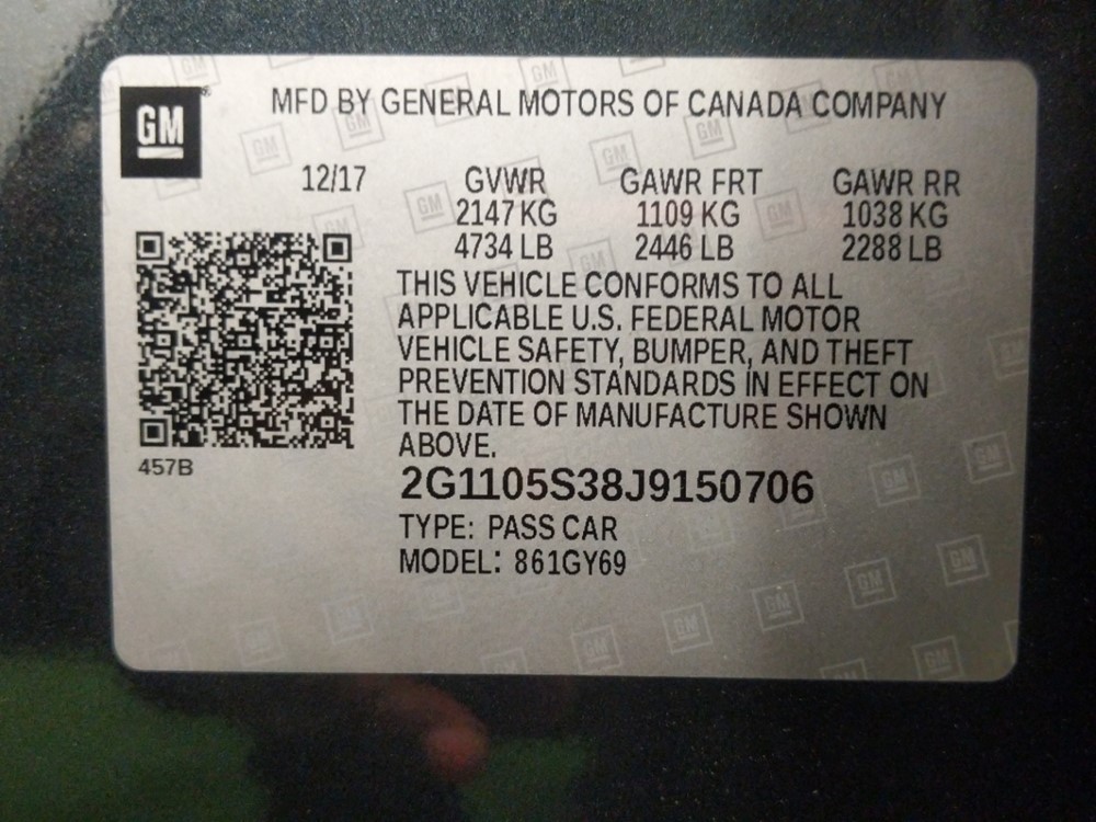 2018 Chevrolet Impala - VIN Plate