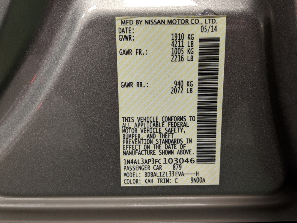 2015 Nissan Altima - VIN Plate