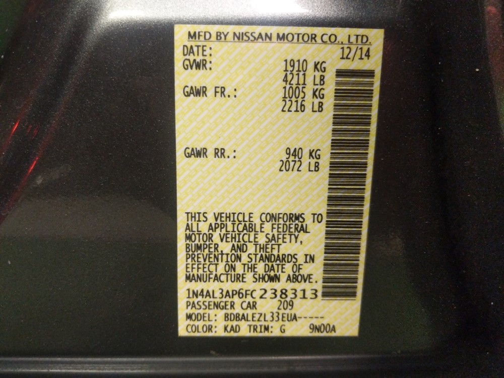 2015 Nissan Altima - VIN Plate