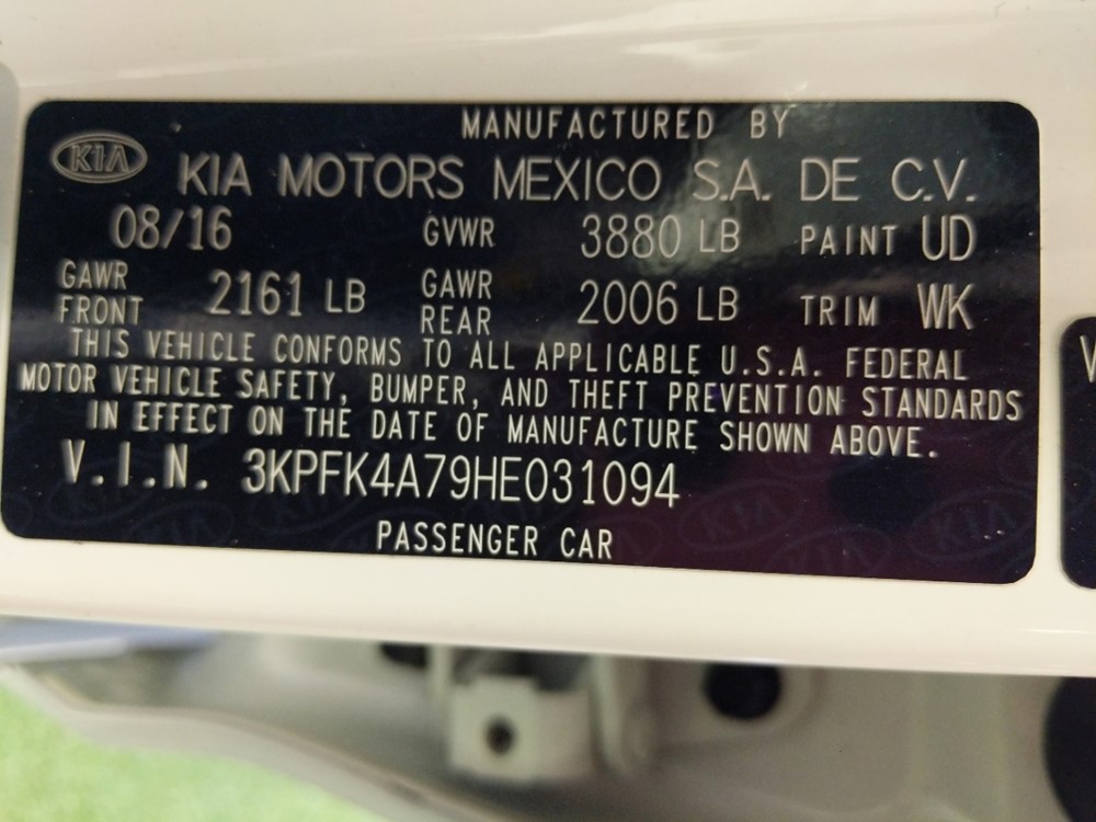 2017 Kia Forte - VIN Plate