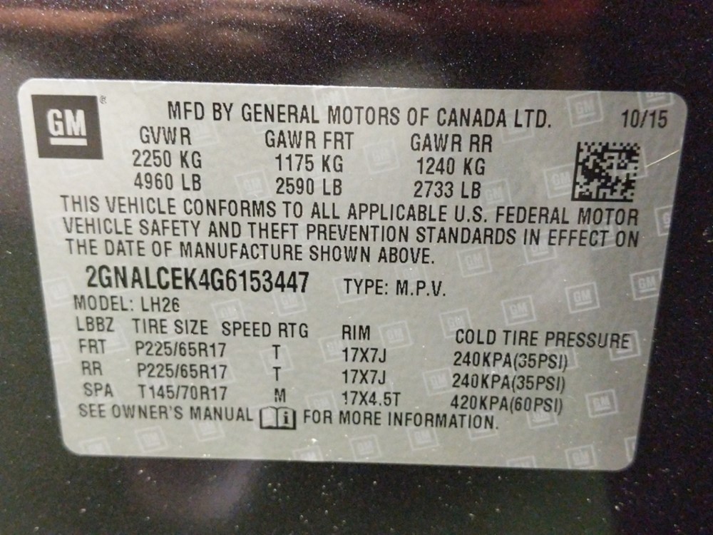 2016 Chevrolet Equinox - VIN Plate