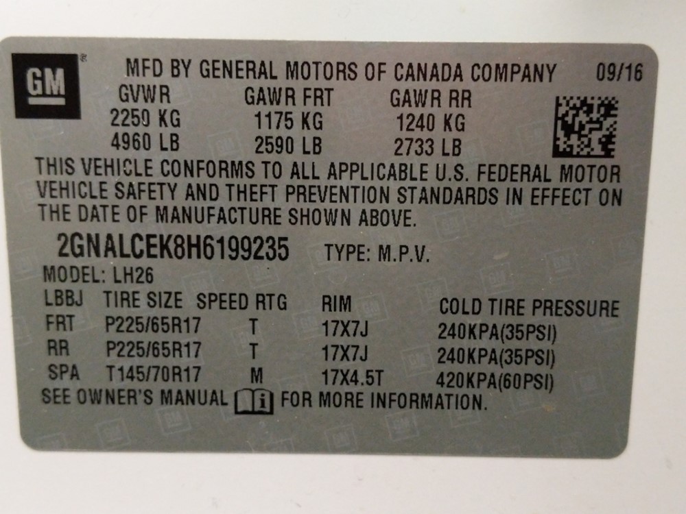 2017 Chevrolet Equinox - VIN Plate