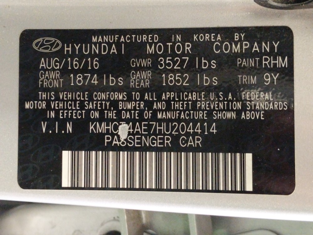 2017 Hyundai Accent - VIN Plate