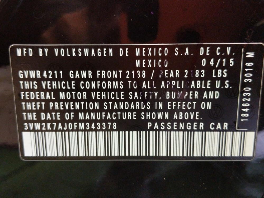 2015 Volkswagen Jetta - VIN Plate