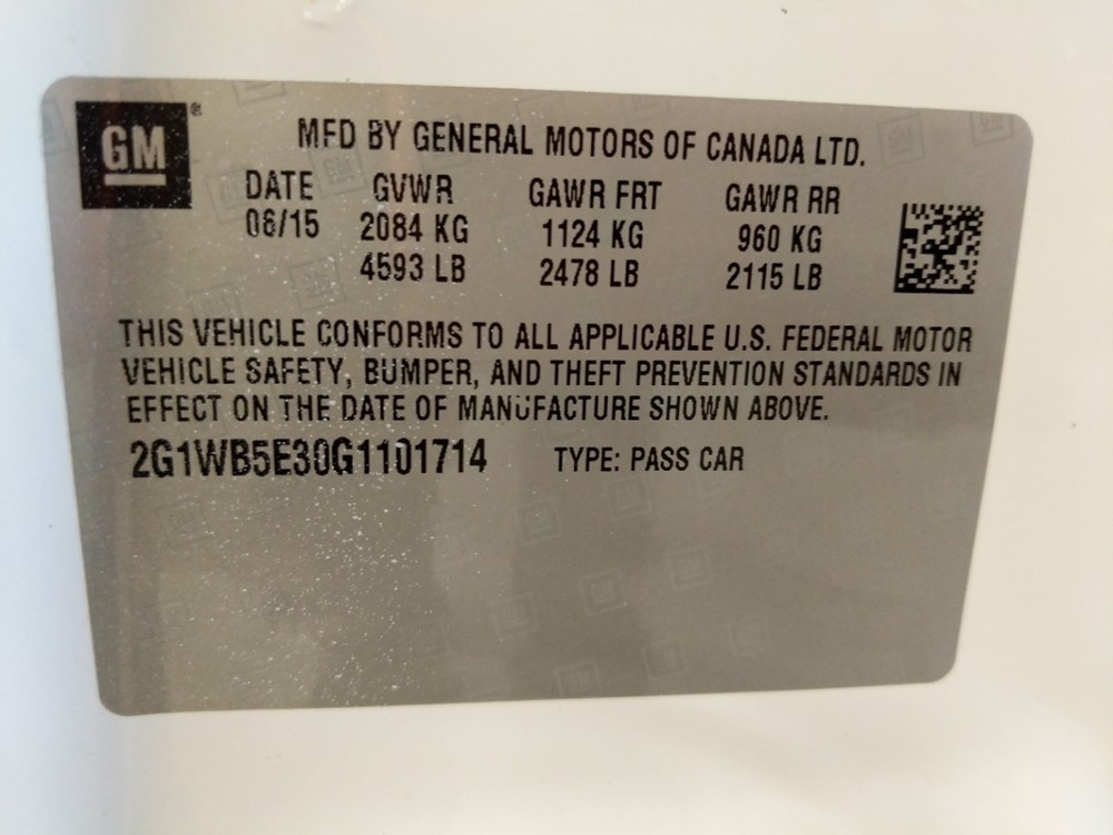 2016 Chevrolet Impala - VIN Plate