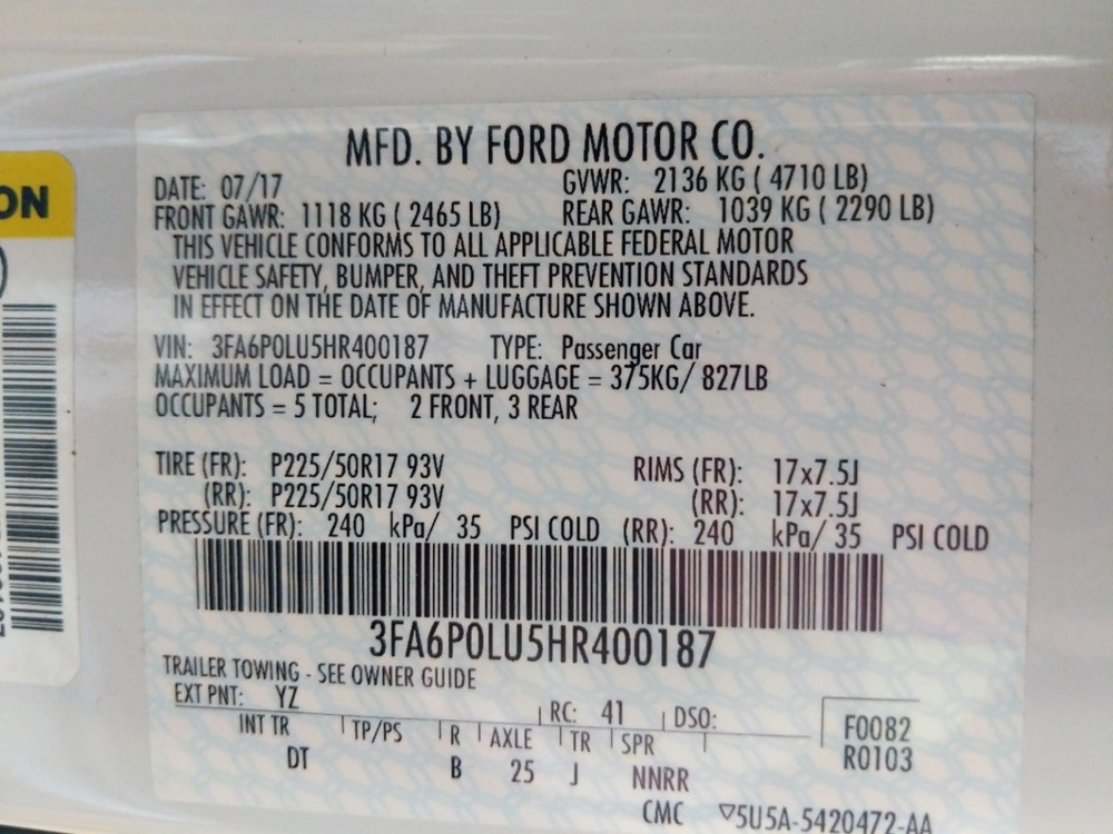 2017 Ford Fusion - VIN Plate
