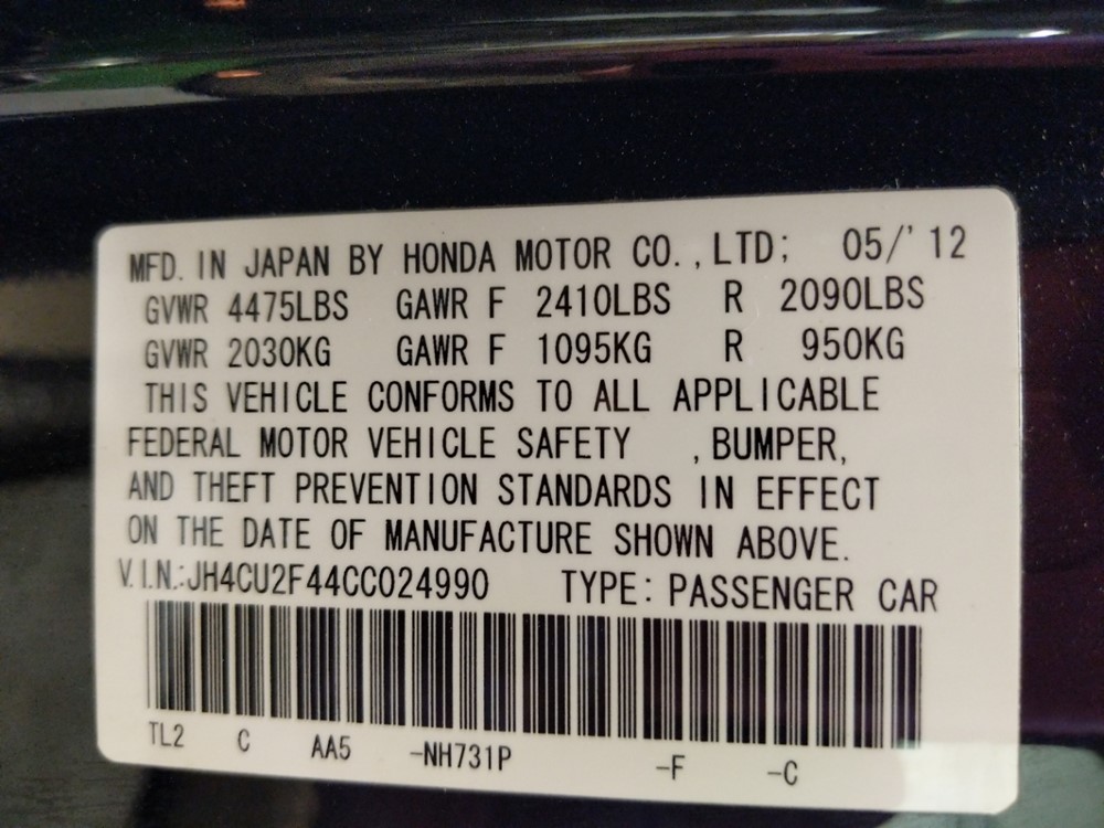 2012 Acura TSX - VIN Plate