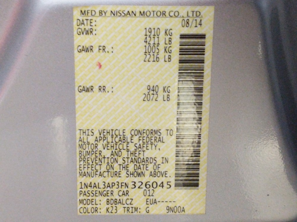 2015 Nissan Altima - VIN Plate