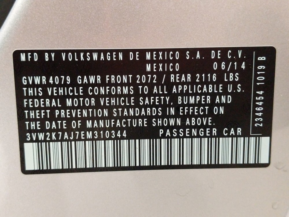 2014 Volkswagen Jetta - VIN Plate