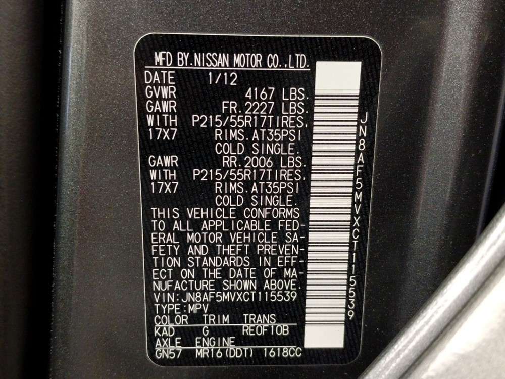 2012 Nissan JUKE - VIN Plate