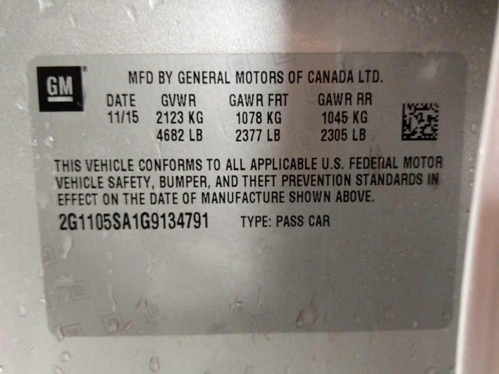 2016 Chevrolet Impala - VIN Plate